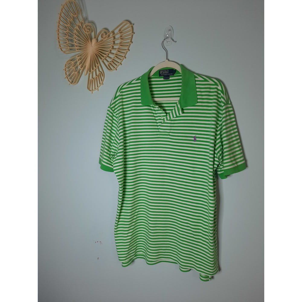 Polo Ralph Lauren Mens Green White Striped Short Sleeve Shirt Large Purple Pony